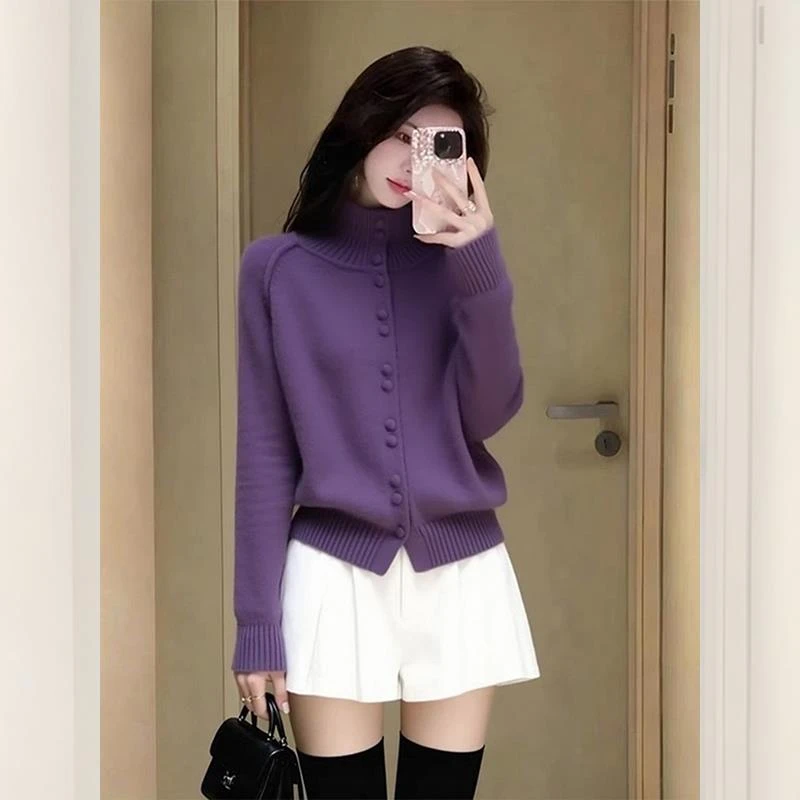 韩系氛围感紫色高领单排扣针织毛衣外套女秋季款松弛百搭减龄上衣