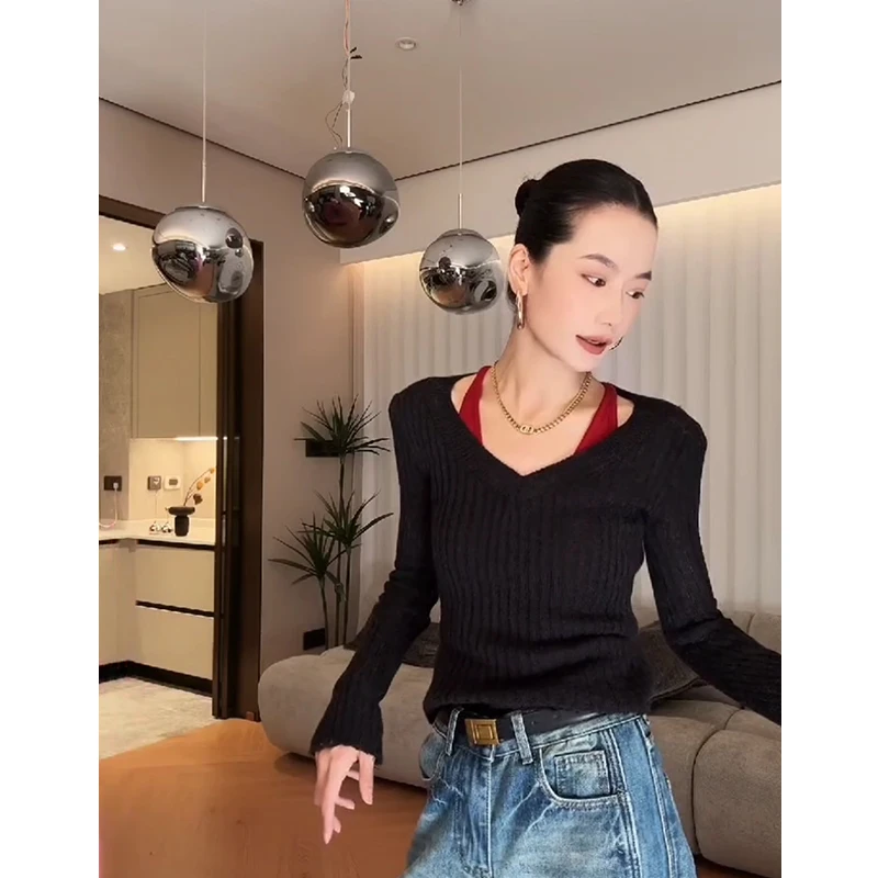 【雾里看花】羊毛混纺细毛线纸感微镂空设计感V领设计感长袖毛衣