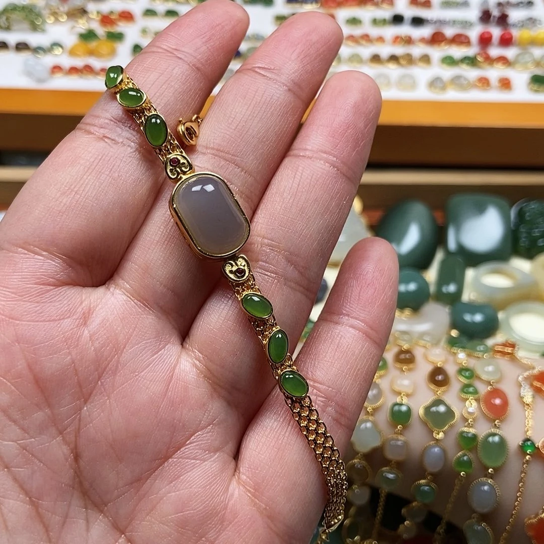 和田玉手链卡8银S925镶嵌