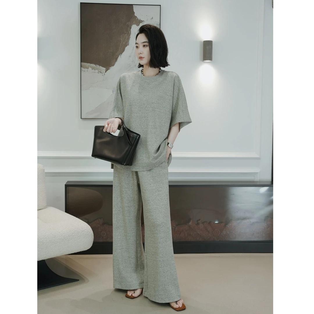 MORELAN2025春夏极简高级纯色宽松圆领上衣+休闲裤两件套DJ-1681