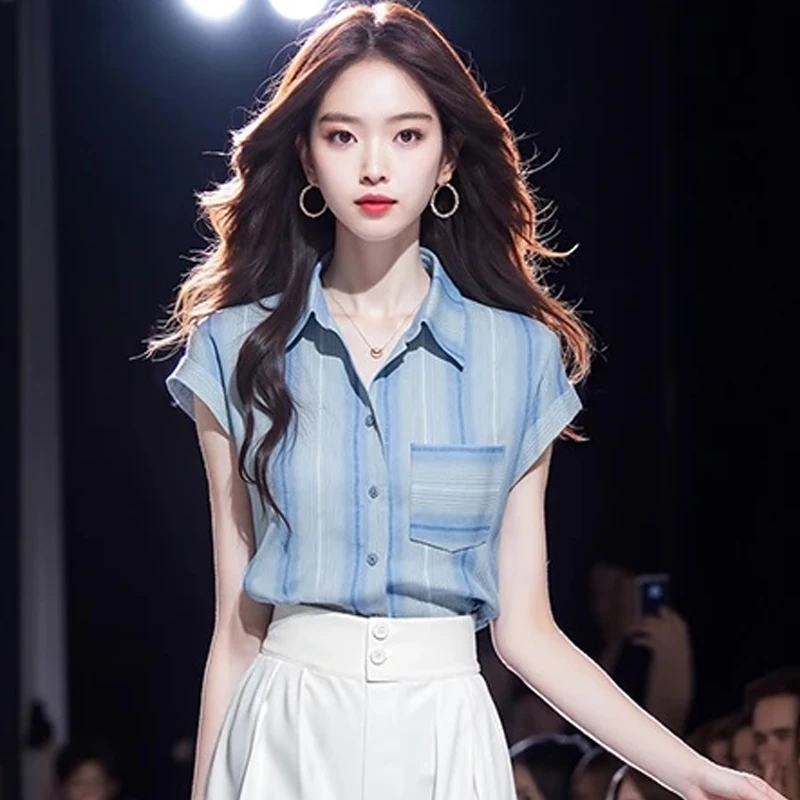 轻熟风气质衬衫夏季女款设计感小众竖条纹短袖衬衣雪纺坎肩上衣