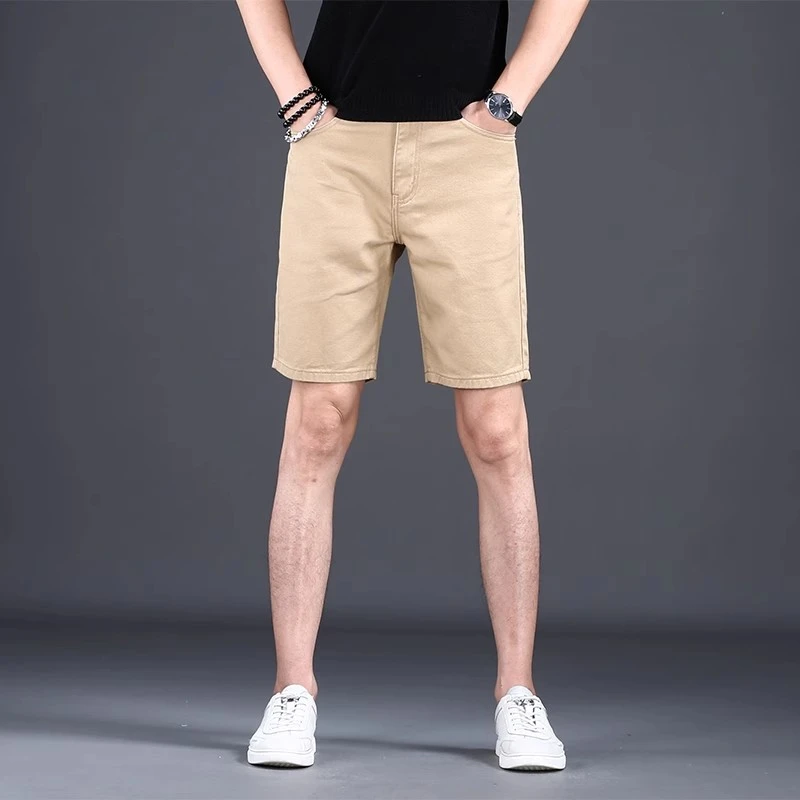 高端2025夏季卡其色五分牛仔短裤男士修身小直筒潮牌弹力休闲中裤
