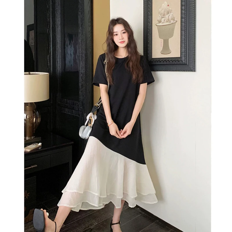 蕾丝拼接T恤连衣裙夏2025新款慵懒风气质减龄超好看鱼尾裙 1998