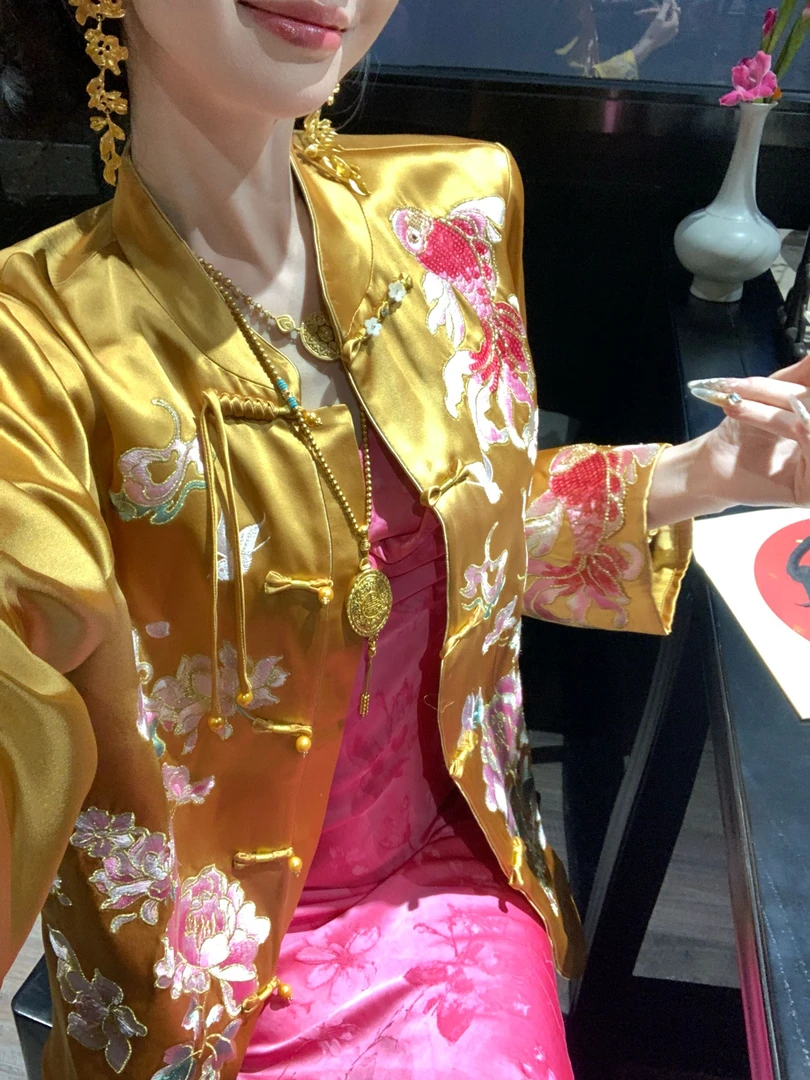 【雅乔定制】紫火锦鲤 重工绣花新中式国风醋酸外套DYJJ-25020824