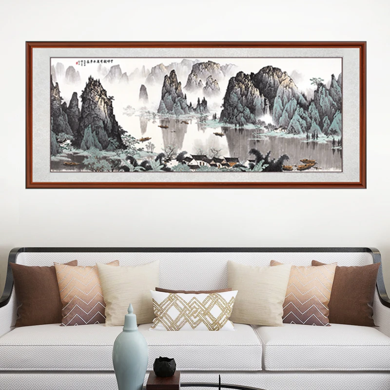 千峰竞秀国画装饰画客厅山水画办公室挂画新中式靠山图手工装裱