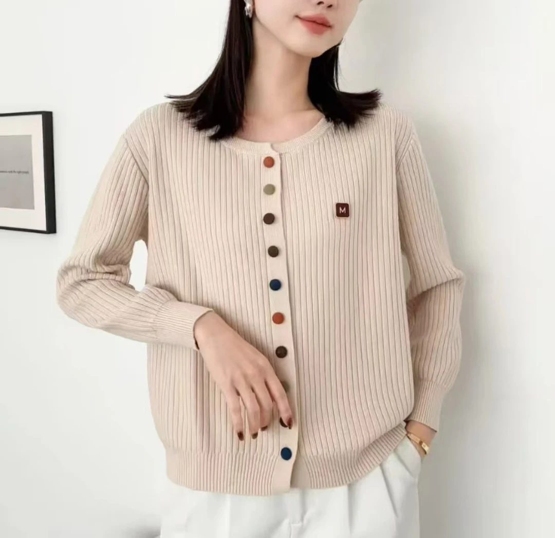 时尚不起球拼接长袖毛针织衫上衣开衫圆领毛衣网红