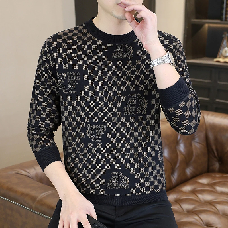 欧货提花圆领针织毛衣男士秋冬新款时尚百搭潮流宽松男休闲打底衫