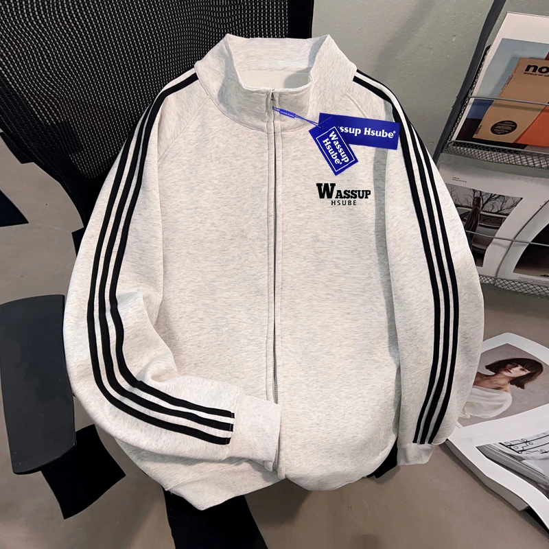 WASSUP HSUBE美式复古三条杠开衫立领卫衣棒球服宽松男女休闲上衣