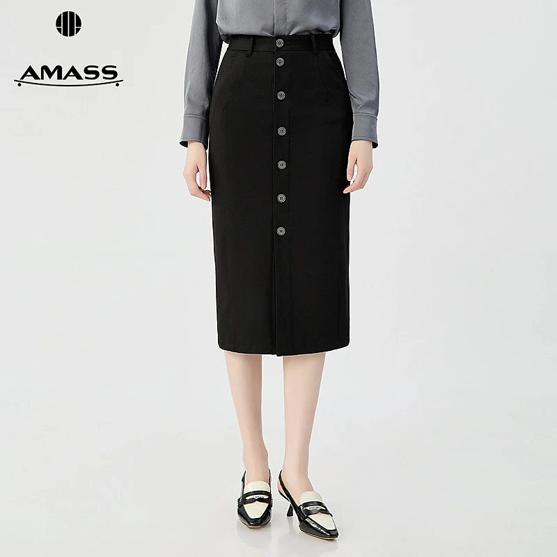 阿玛施AMASS 时尚女装简约百搭一排扣中腰包裙长款半身裙520011