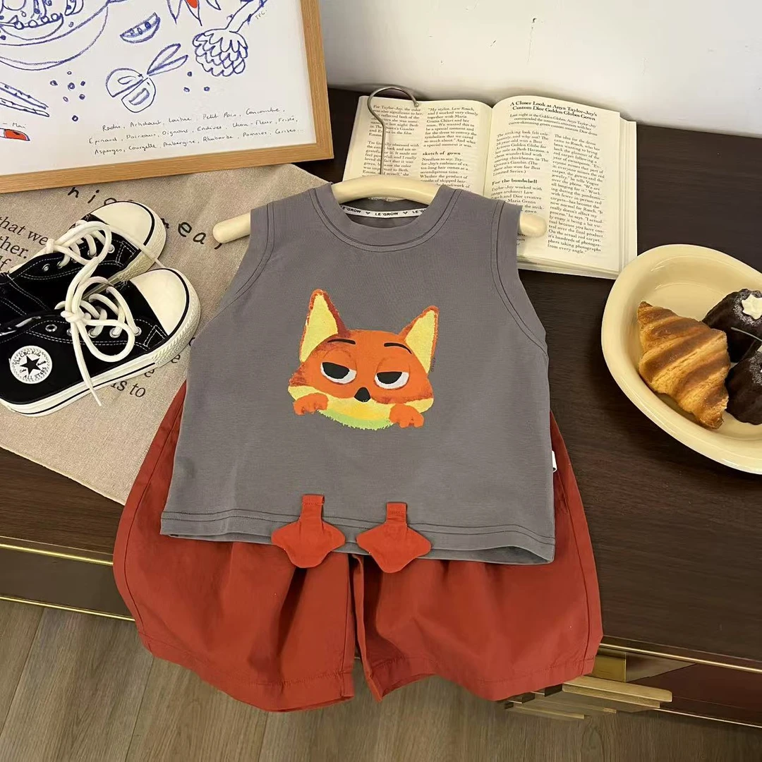 儿童夏季卡通尼克小狐狸无袖两件套H2118