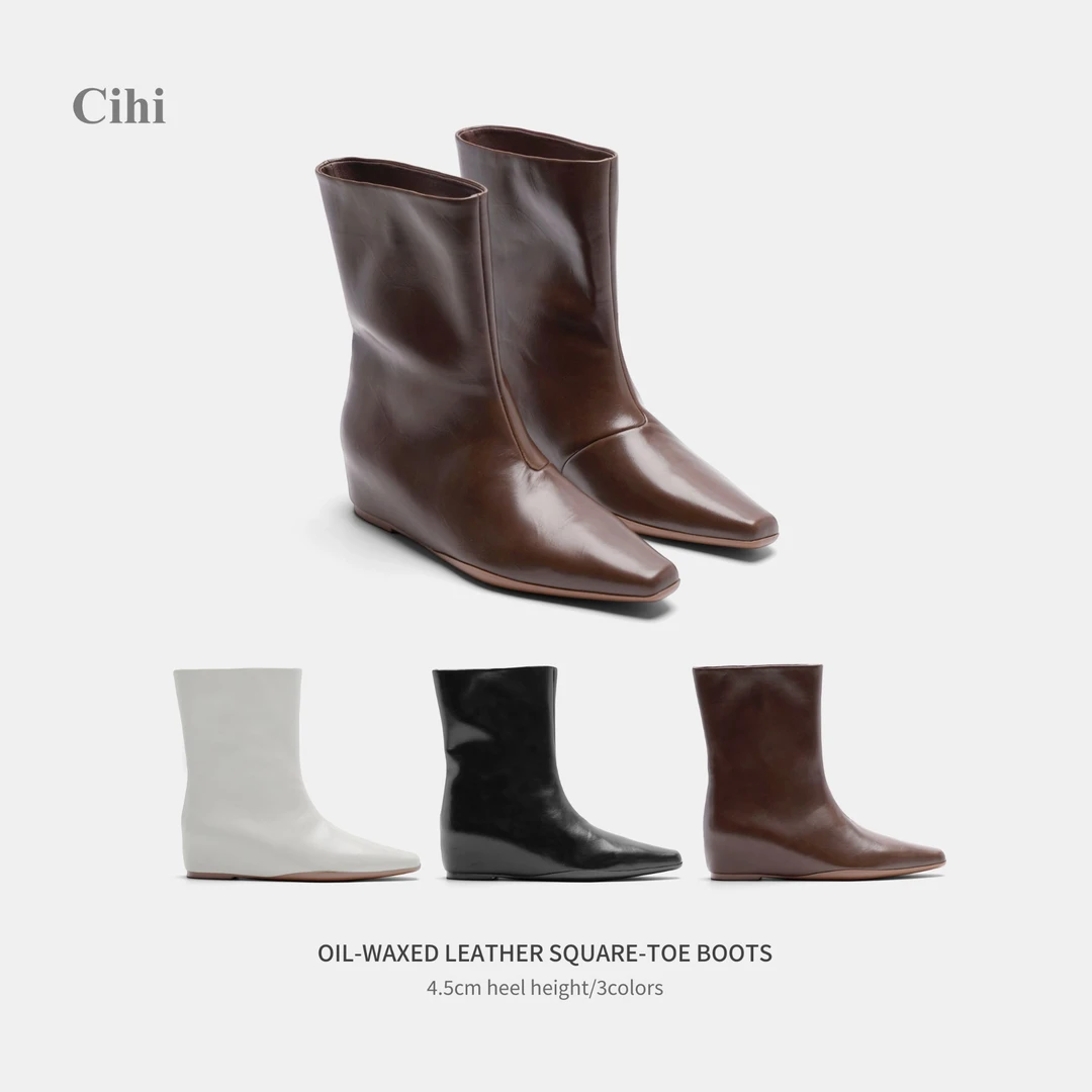 Cihi'Sondeer' 线条感设计 方头内增高套筒中筒靴