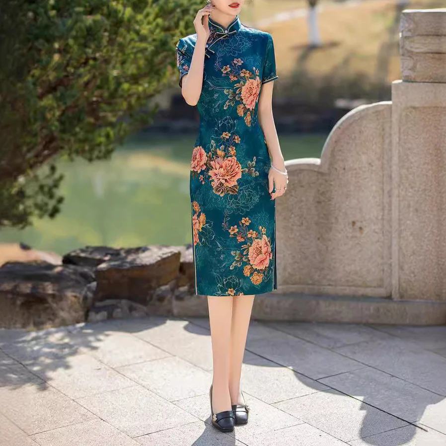 旗袍2025新款短袖复古妈妈改良修身高级感优雅复古风中长日常显瘦