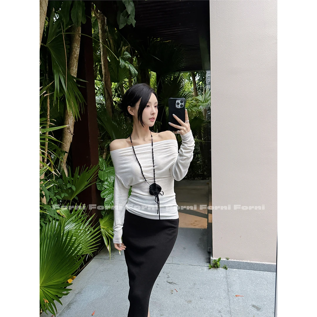 FORNI 贝微微 轻法式慵懒百变一字肩羊毛针织打底上衣