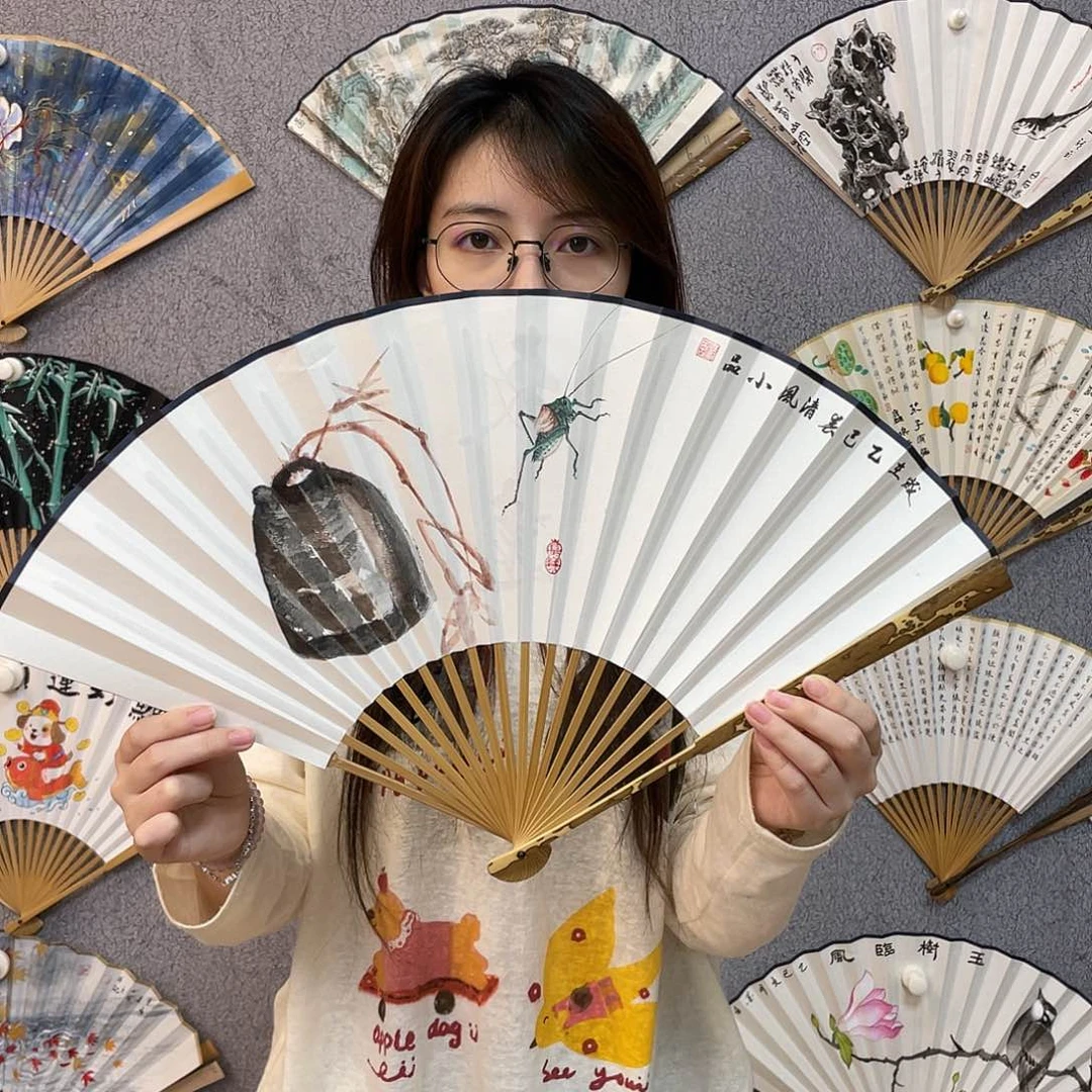 国画95寸梅妃-纯手绘-文玩扇骨（默认粘好）