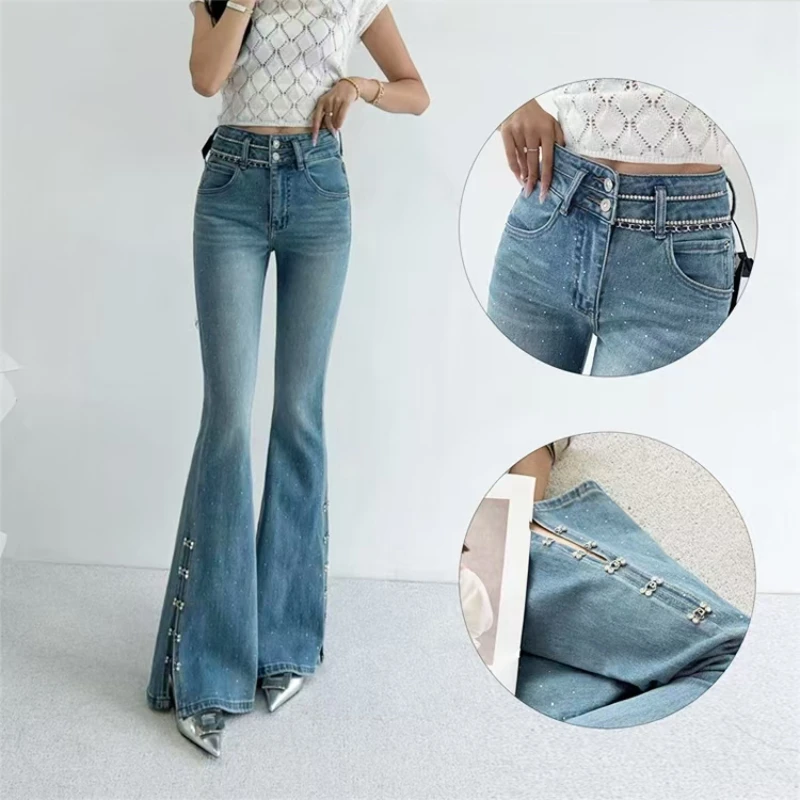 迪否镶钻侧开叉微喇牛仔裤2025新款爆款高腰修身显瘦喇叭裤6033
