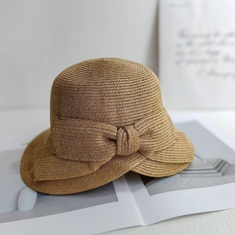 新款日系蝴蝶结草帽女夏季出游轻便折叠透气百搭防晒遮阳渔夫盆帽