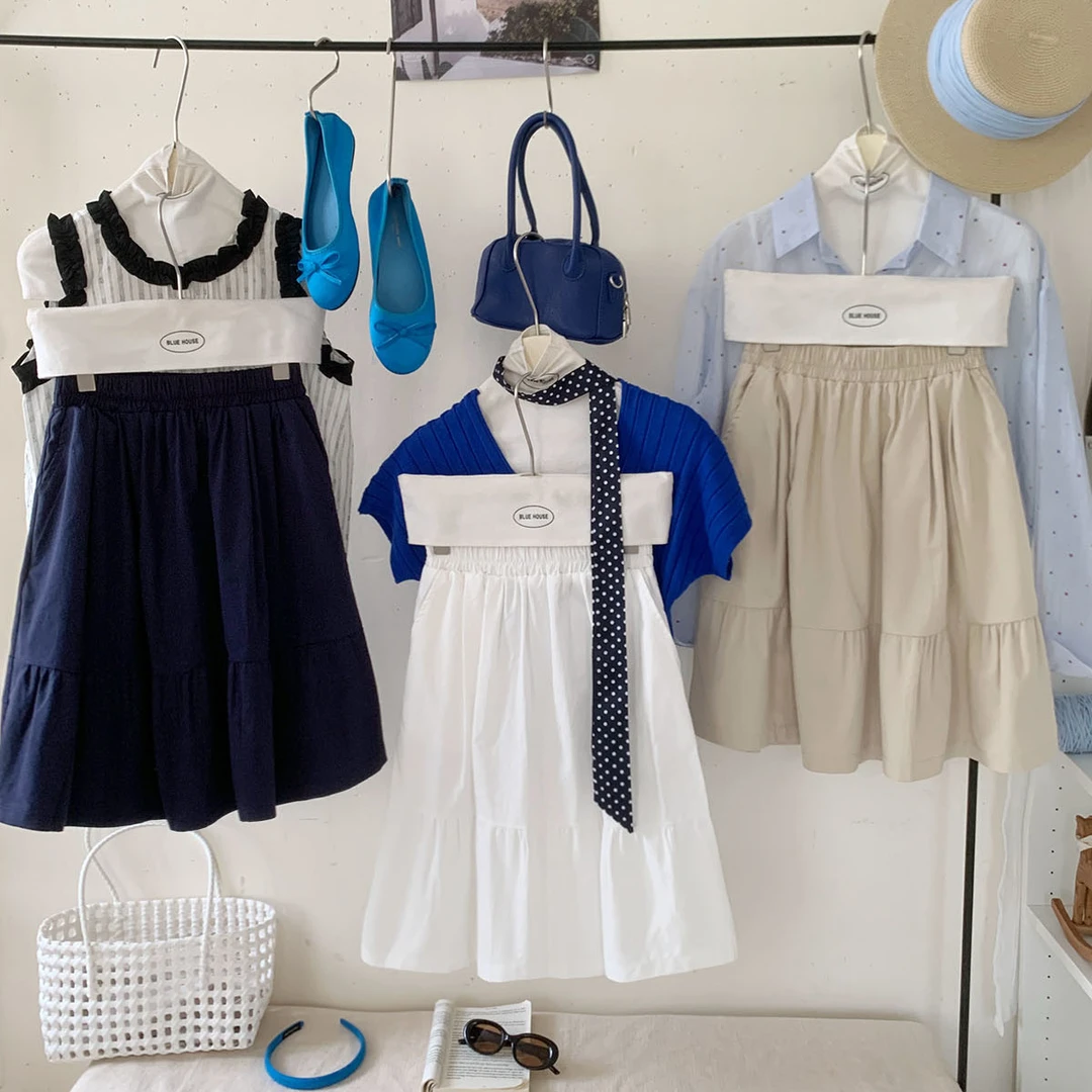 韩系慵懒风净色拼接花边高腰半身裙女夏简约遮胯显瘦休闲A字中裙