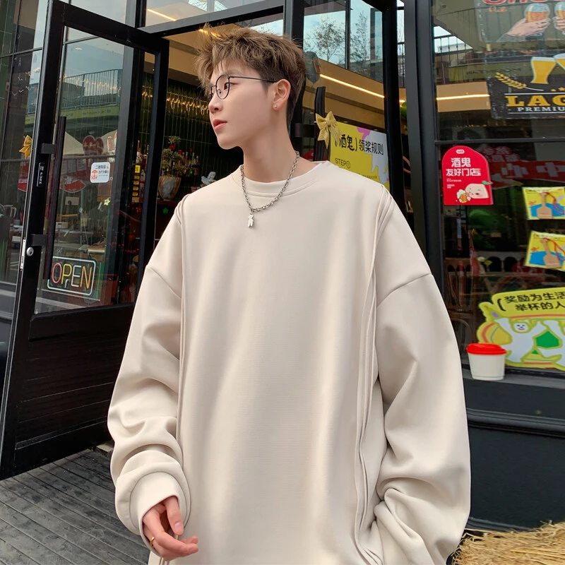 港风上衣男春秋季大码圆领潮流百搭宽松情侣卫衣长袖t恤休闲纯色