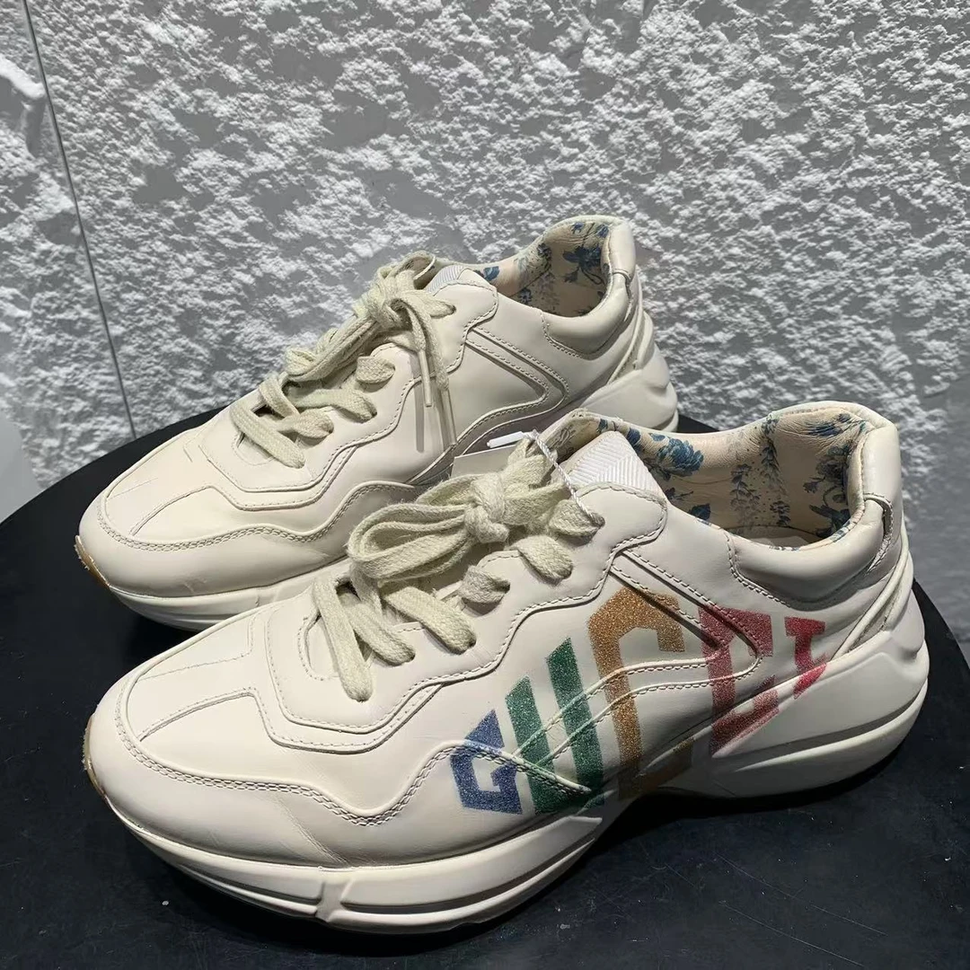 95新 GUCCI/古驰 多码/仔仔女鞋/无配件米黄彩虹百搭老爹鞋 1322