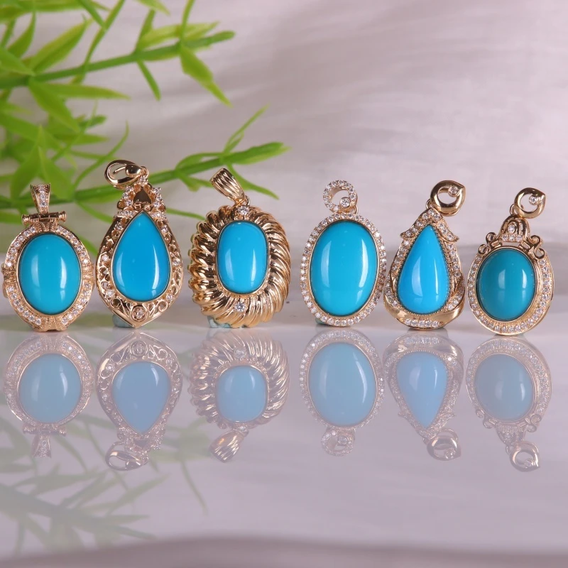 绿松石天然原矿精品瓷釉级高瓷高色吊坠18K镶嵌精美时尚女士吊坠