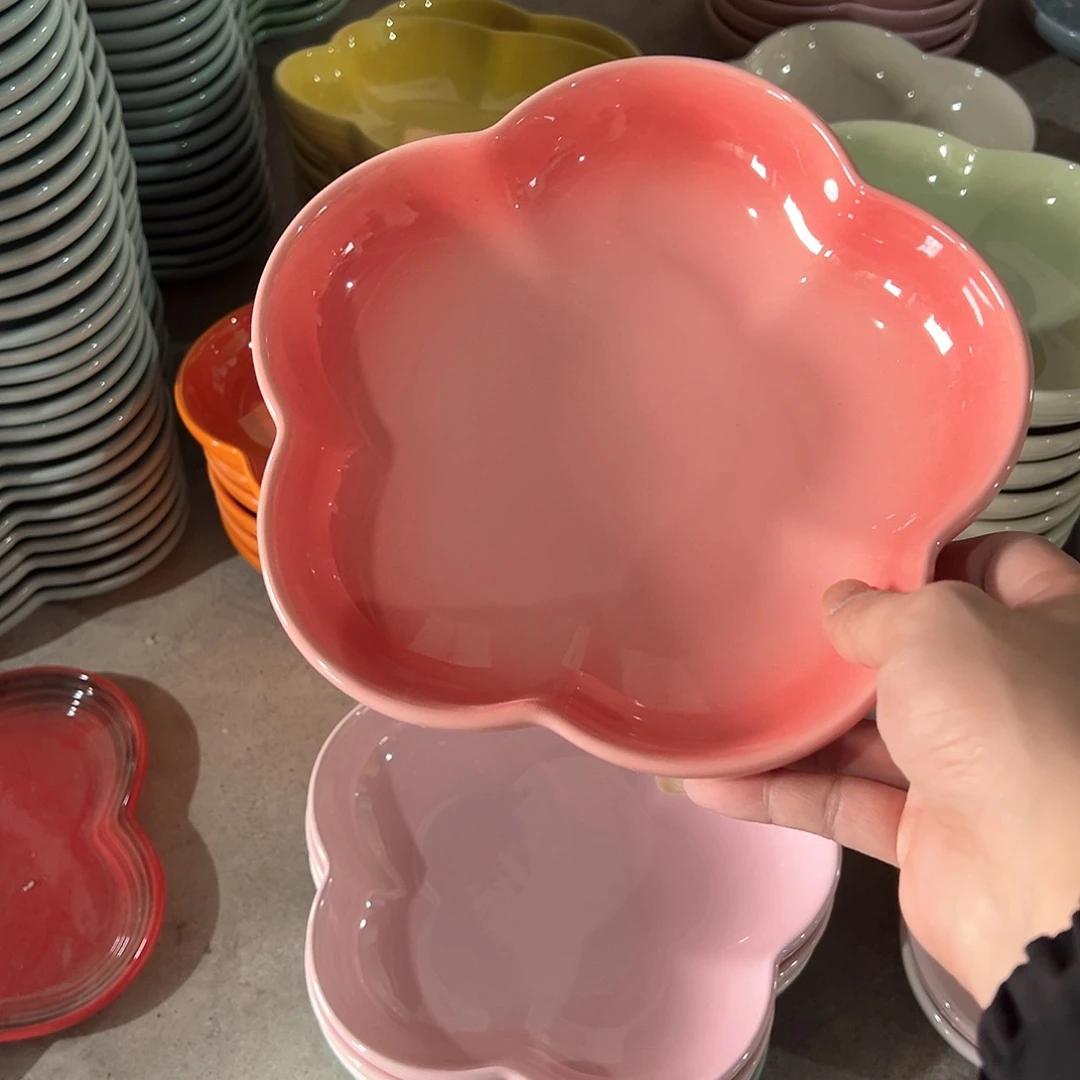 陶瓷 大梅花深盘 深粉色