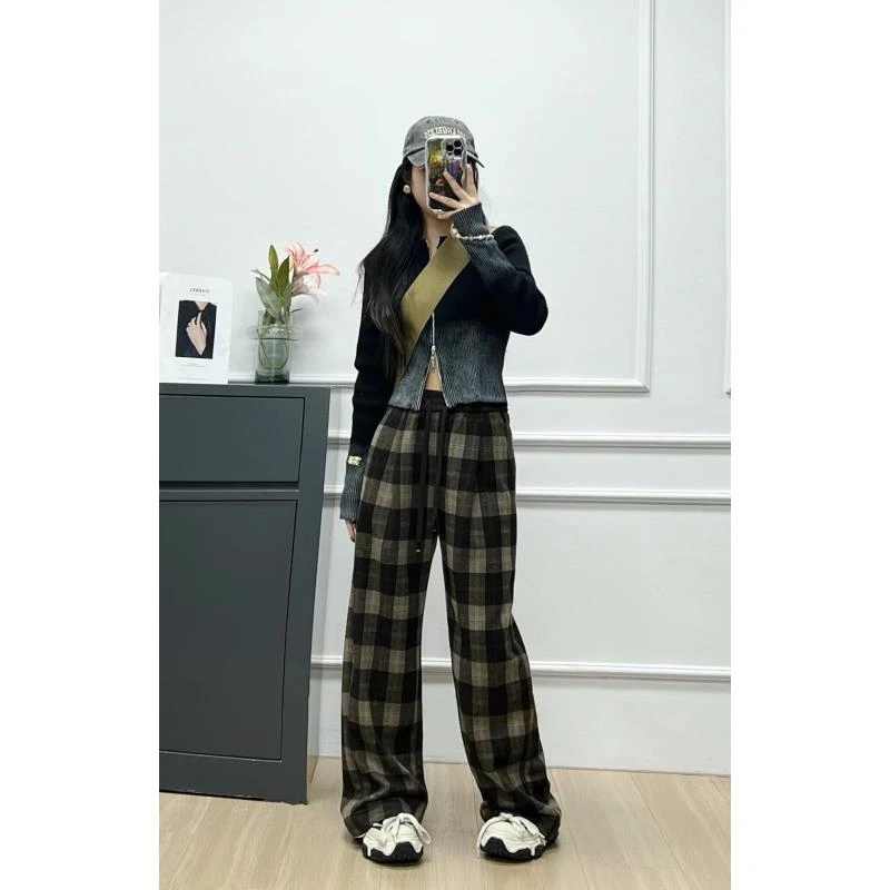 WANTHAT/凡黛卡毛呢格子休闲裤松紧腰抽绳显瘦直筒阔腿裤女9507