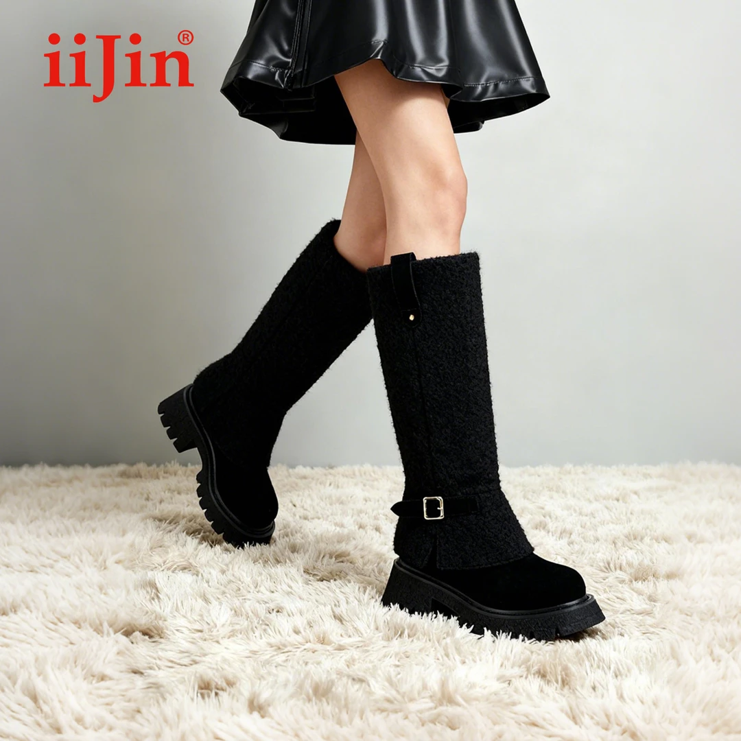 iiJin艾今25秋冬新品9.5cm厚底内增高超轻毛绒搭扣长筒靴女559SXE