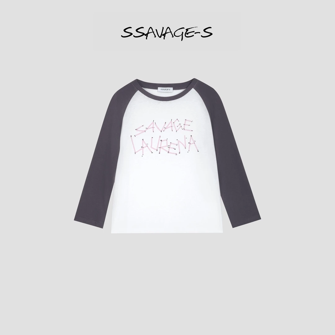 SSAVAGE“复古新生”字母撞色插肩袖八分袖百搭T恤上衣 SS90624