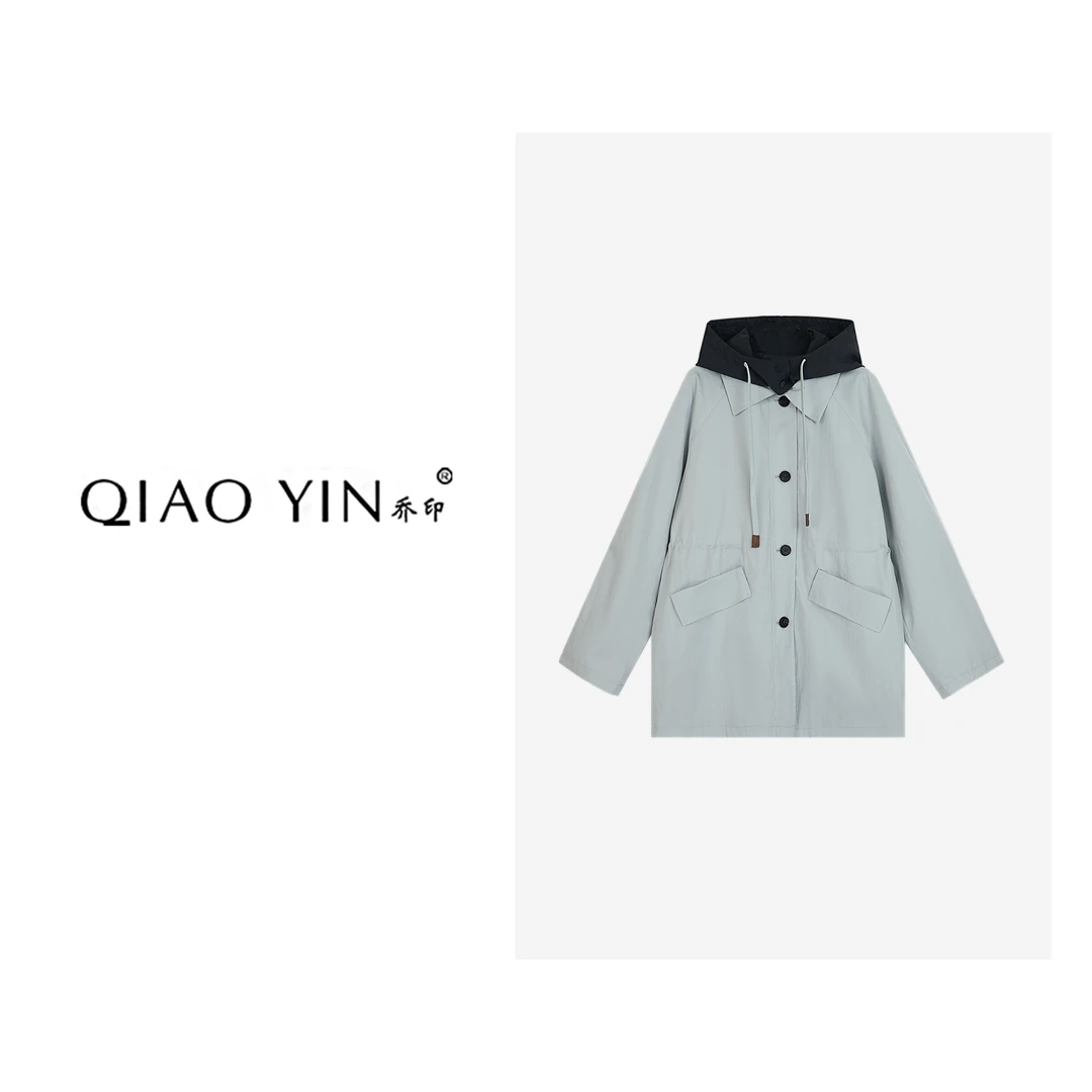 QIAO YIN春季风衣长袖连帽外套宽松设计师款QY26459