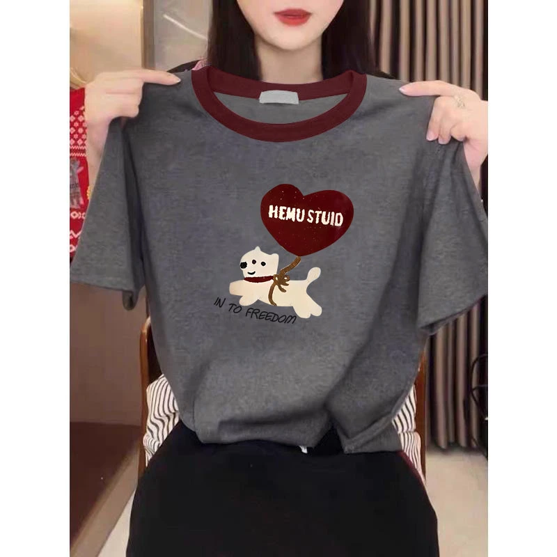 2025新款正肩撞色印花圆领短袖T恤女时尚百搭深灰色上衣打底衫夏