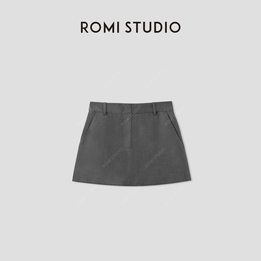 ROMI STUDIO“气质复古”A字短款防走光灰色西装半身裙裤RWCRX43950