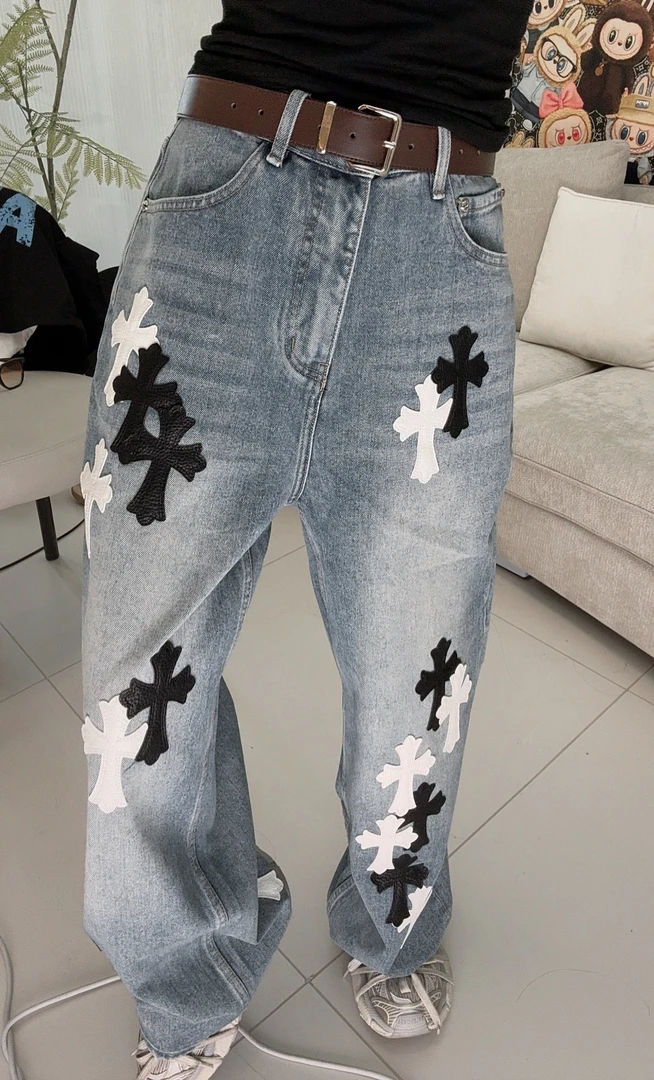 美式高街水洗十字架拼皮牛仔裤男女同款EP2195