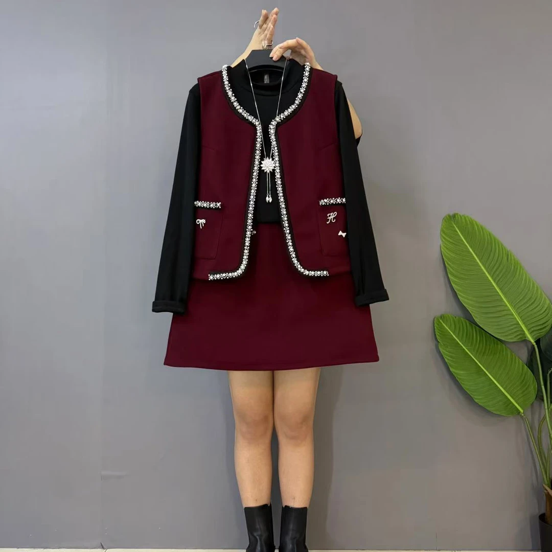 新款大码女装时尚洋气小香风马甲打底衫短裙三件套套装