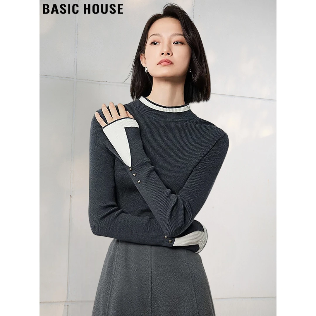 Basic House/百家好设计感撞色半高领长袖含羊毛针织衫女2025秋冬
