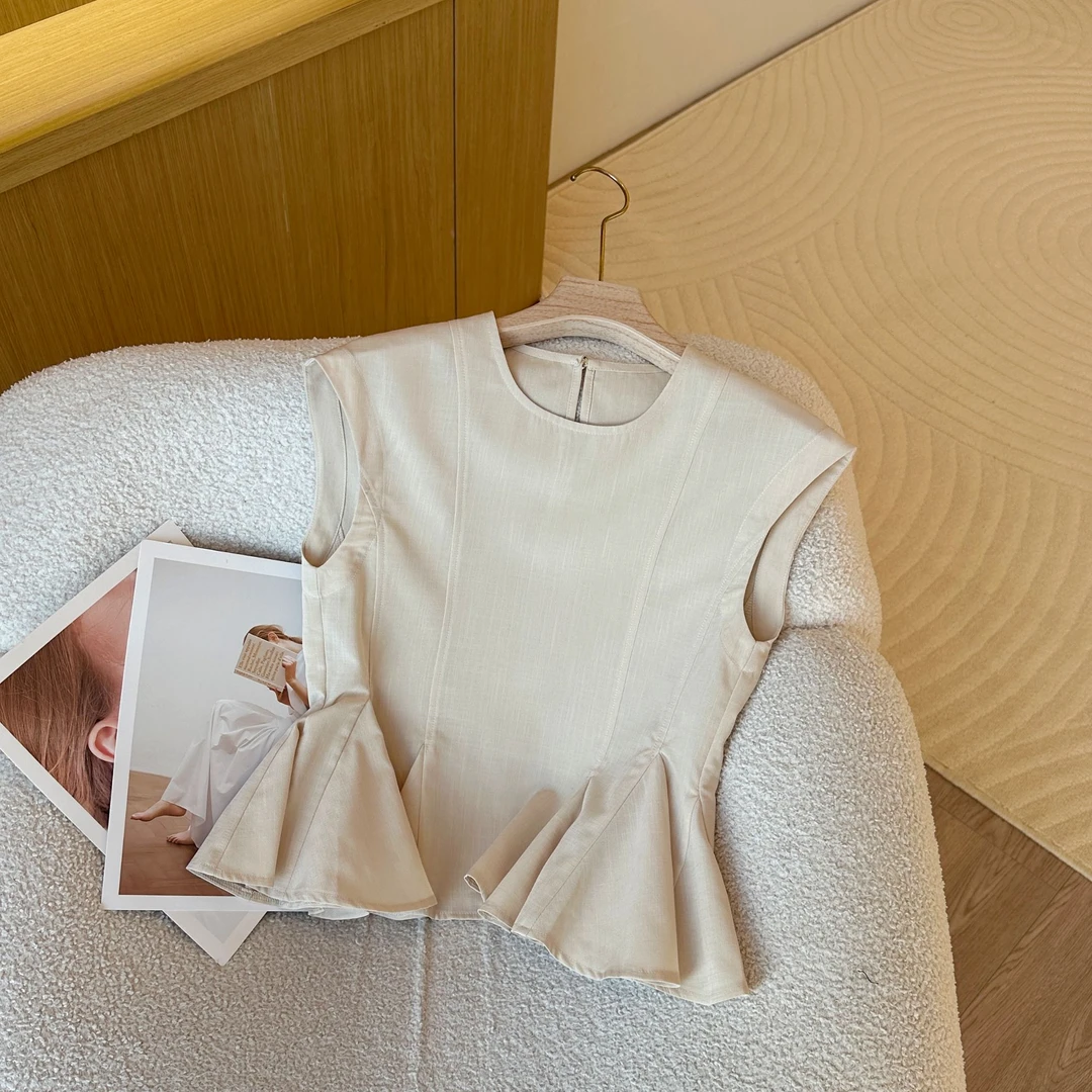 【婷婷推荐】0817 韩版简约高级感荷叶边设计感小众无袖衬衣