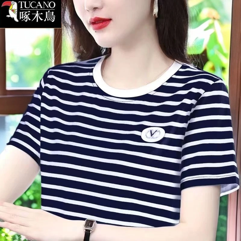 啄木鸟夏季薄款显瘦上衣女2025年新款圆领条纹拼接高级感短袖T恤