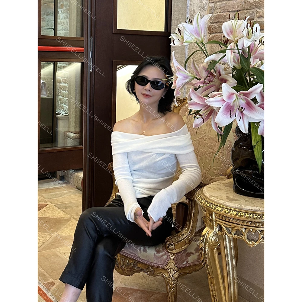 SHIIEELL高智极简风羊毛混纺针织衫软糯修身一字肩打底毛衫Z7237