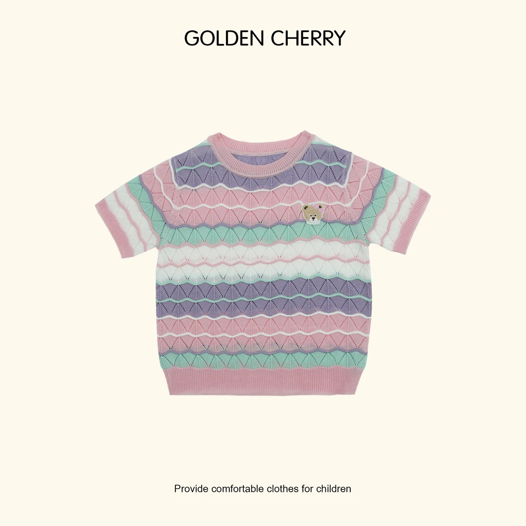 【金樱桃Golden cherry】儿童彩虹条小熊刺绣百搭T恤QS067