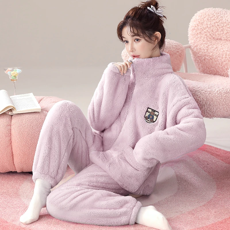 【锁温保暖】雪花绒女士休闲毛绒睡衣套装可外穿秋冬天暖绒家居服