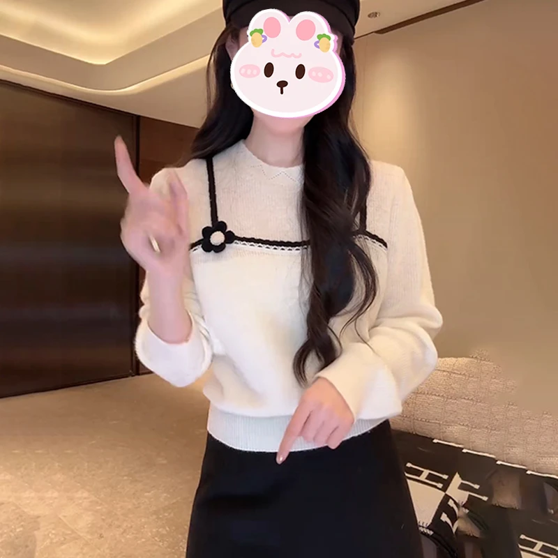 韩系设计感假两件针织衫女2025冬季新款圆领知性百搭撞色长袖上衣