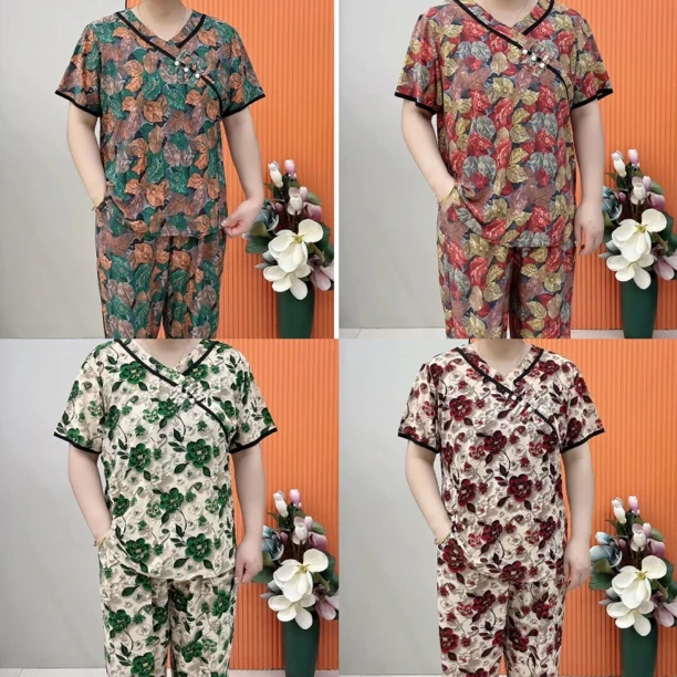 薄款短袖碎花中老年女装家居服夏季印花妈妈装女士套装