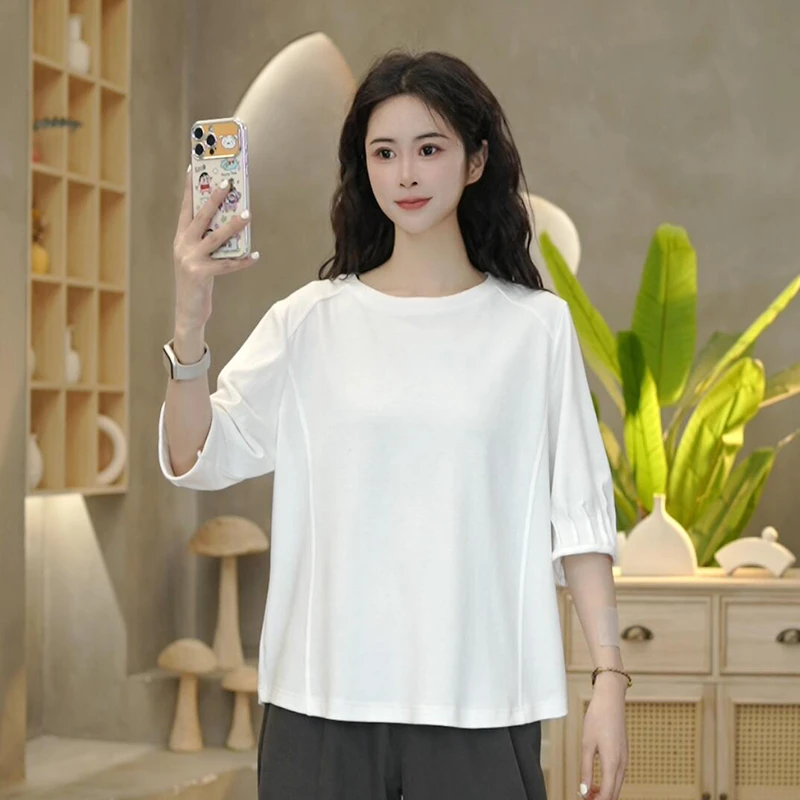 6689 春季新款时尚短袖简约褶皱袖拼接宽松时尚百搭T恤