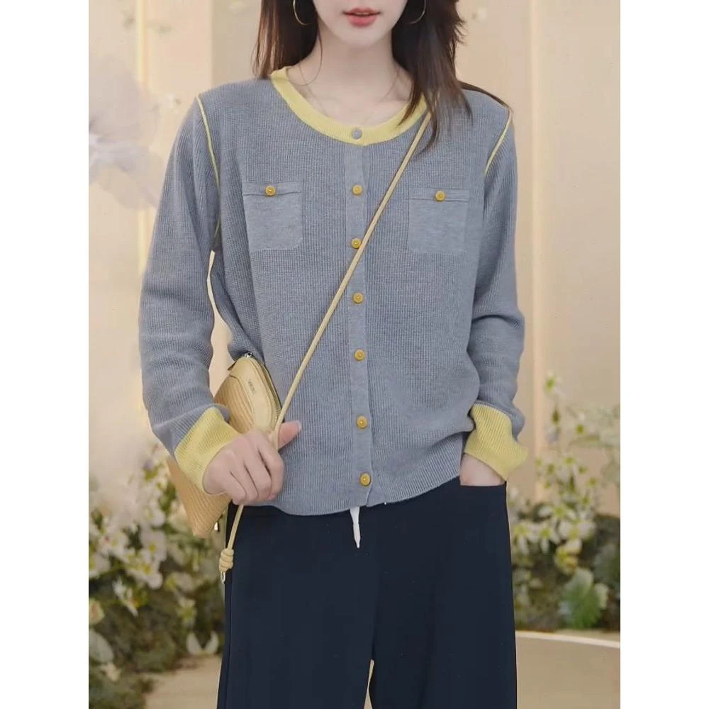 时尚撞色拼接圆领长袖毛衣外套女2025新款洋气小众宽松百搭针织衫