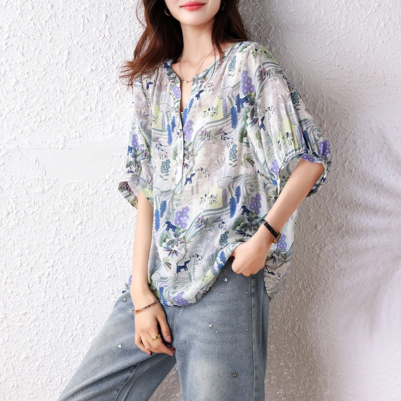 法式碎花V领短袖衬衫女2025年夏季新款宽松百搭显瘦印花套头上衣