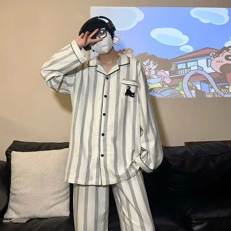 条纹黑猫云朵棉睡衣男秋冬季男款爆款2025新款家居服长袖长裤套装