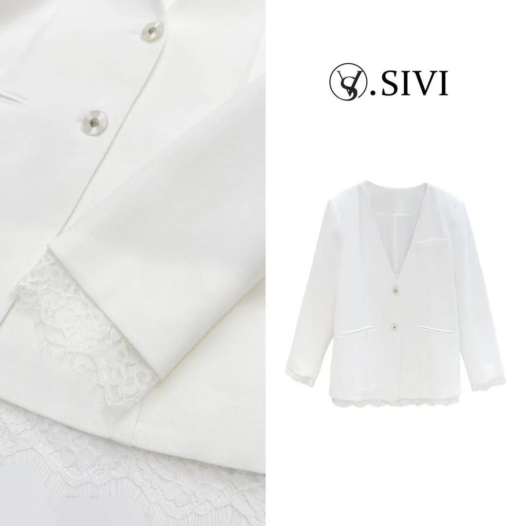 熙薇【天生丽质】2025春季新款时尚蕾丝拼接无领西装外套H1186