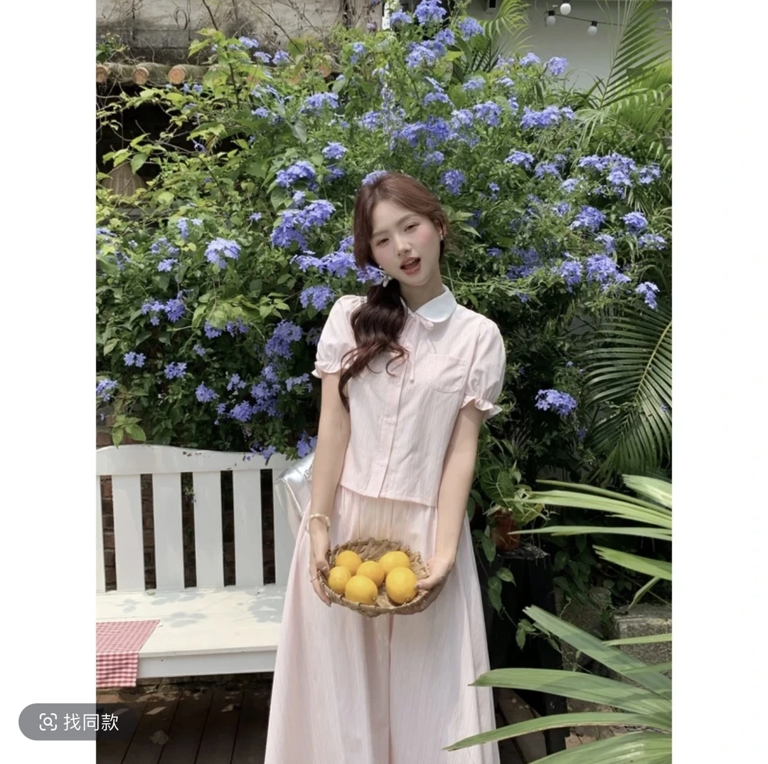 瞌睡兔清仓【私服驾到】条纹衬衫上衣+高腰a字半身裙新中式女装