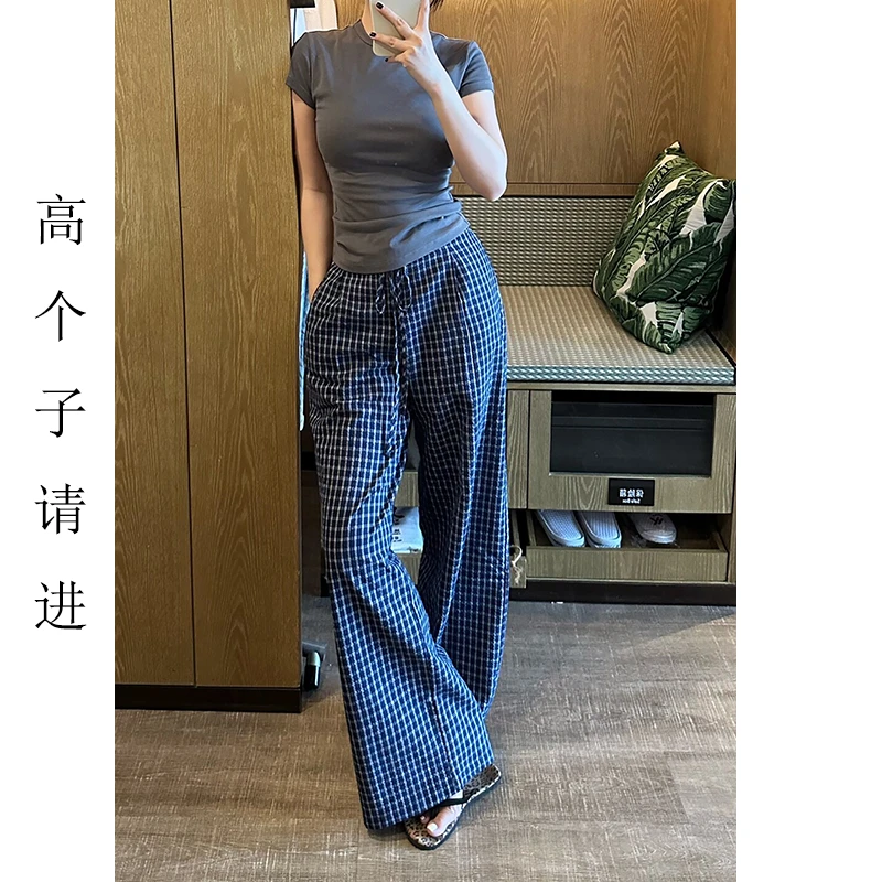 裤长112cm高个子加长美式复古复古蓝格纹条纹阔腿格子女夏跳舞裤