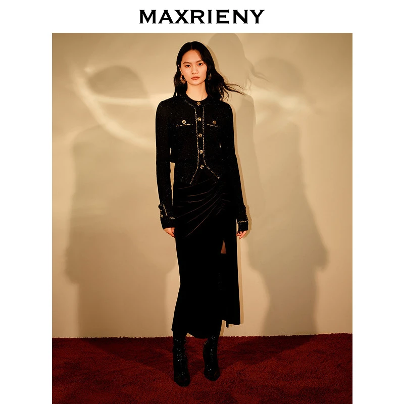 【昕昕严选】MAXRIENY开叉丝绒半裙鱼尾抽褶包臀裙子显瘦长款冬季