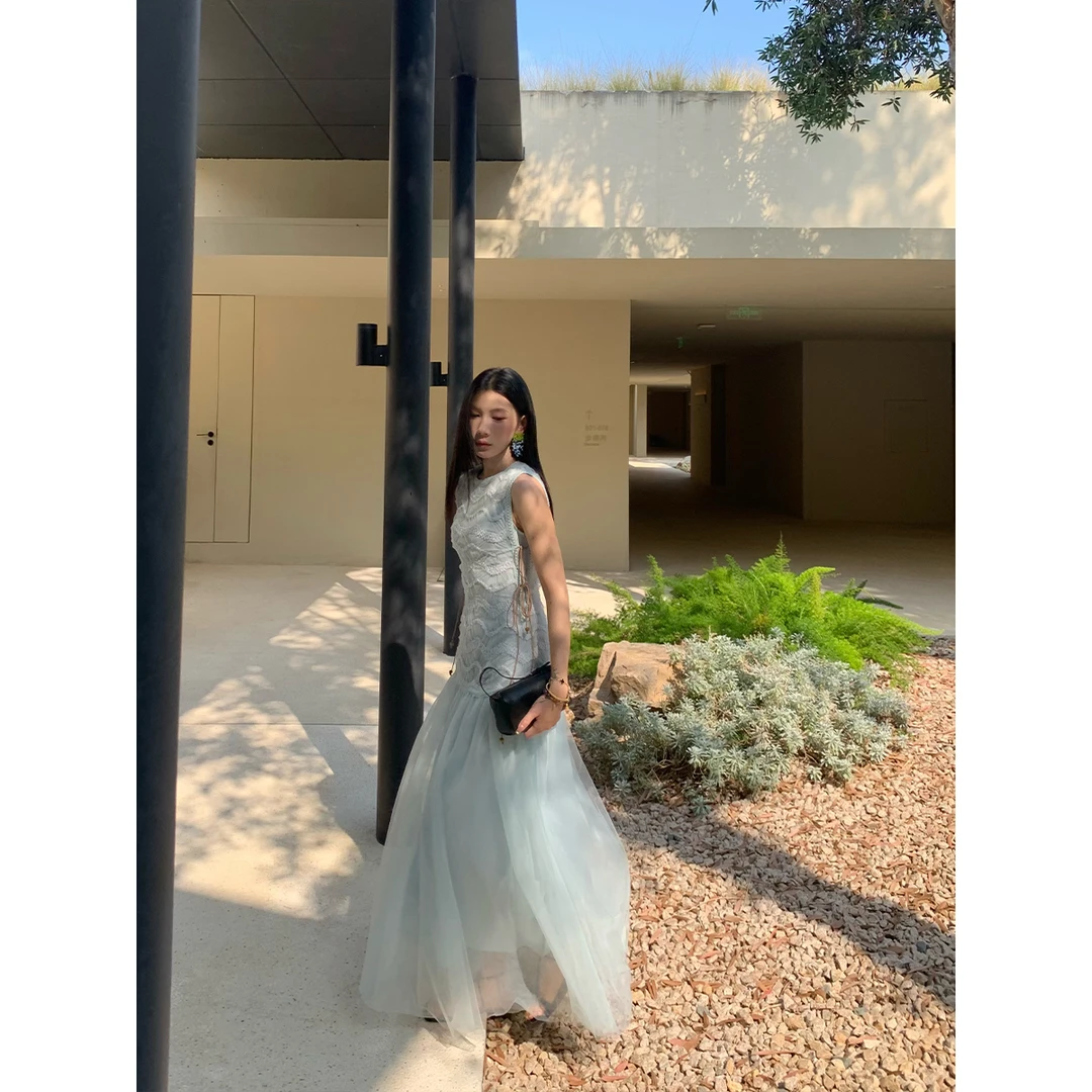 70不是七十【西岛茶园】春夏圆领肌理雪纺拼纱气质背心连衣裙